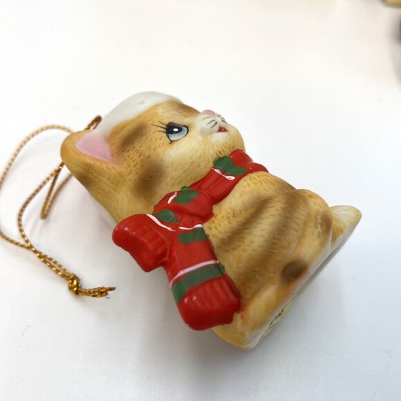 3 Russ Berrie Li'l Lovables Mini Porcelain Figurine Christmas Ornaments Cat Bear - Picture 5 of 9